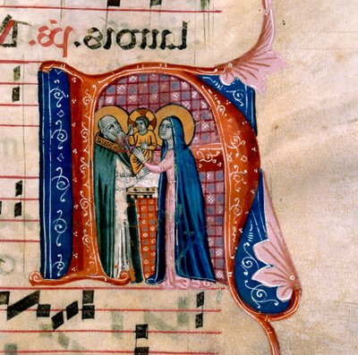 Bogstavet "N" med en skildring af præsentationen ved templet: f.36v af Antifonariet af Unknown artist