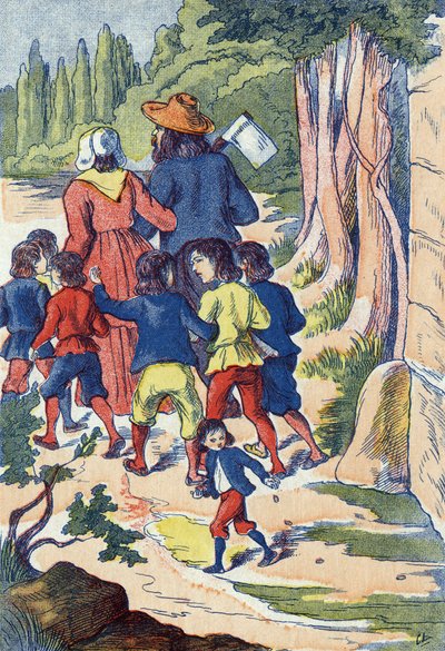Den lille pose sår sten i vejen for ham. Illustration til "" Le Pepetit poucet"", fortælling af Charles Perrault (1628-1703), fransk forfatter. Anonym illustration. Billedmateriale Marcel Vagne, Jarville Nancy, udateret (slutningen af det 19. århundrede). af Unknown artist