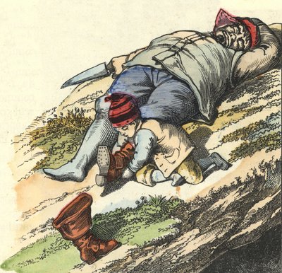 Den lille pose stjæler støvlerne fra 7 steder fra den sovende trold. Illustration af fortællingen "" Le Petit Poucet"" af Charles Perrault af Unknown artist