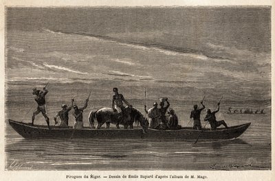 De lange kanoer i Bambaras ved Niger-floden, manøvreret med lange siddepinde, kan bære flere mennesker og endda kvæg eller heste. Gravering til illustration af løjtnant (Flåden) M. Mages rejse til Vestsudan i 1863-1866, offentliggjort i "Le tour du mo af Unknown artist
