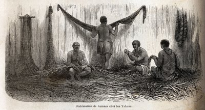 Fremstillingen af hængekøjefileter blandt Yahua-indianerne i Peru, ud fra tynde tråde af palme-chambira-træer. Indgravering til illustration af rejsen fra Stillehavet til L