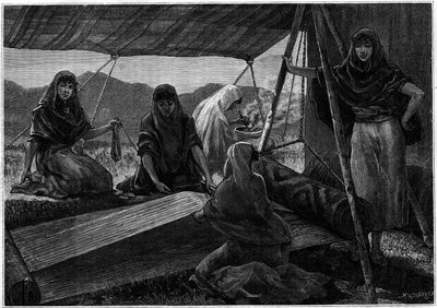 Fremstilling af tæpper af nomadiske kvinder i Persien. Indgravering i journalen "" La jeunesse"" af Unknown artist