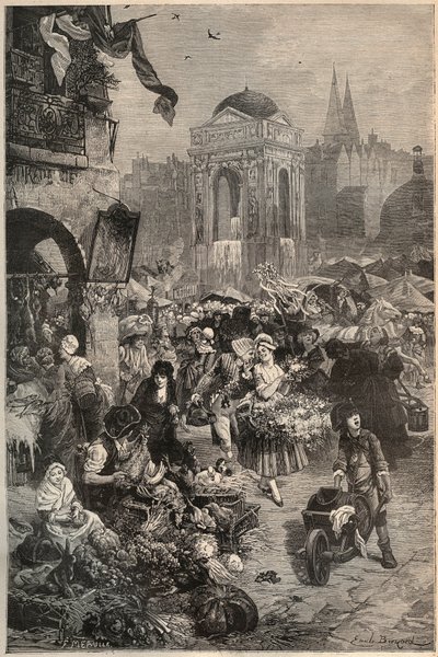 De uskyldiges march og springvand, Paris i det 18. århundrede - gravering af det 19. århundrede af Unknown artist
