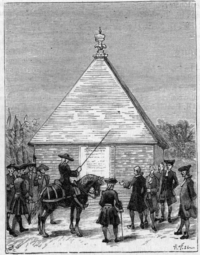 Mål for graden af Ecuador i det 18. århundrede: pyramide af Carabourou, Peru, rejst af La Condamine i 1736. Indgravering i "" La Nature: revue des sciences et de leurs applications aux arts et a l