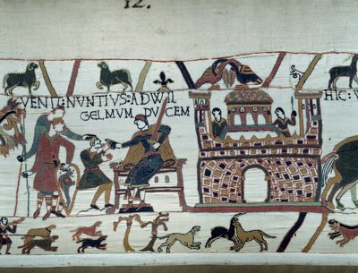 Sendebudene fra kongen af Normandiet Vilhelm Erobreren (1027-1087) informerede ham om, at Harold, som kom fra England på vegne af kong Edvard Confessor af England, blev taget til fange af grev Guy de Ponthieu. Detail of the Tapestry of Bayeux eller Emb af Unknown artist