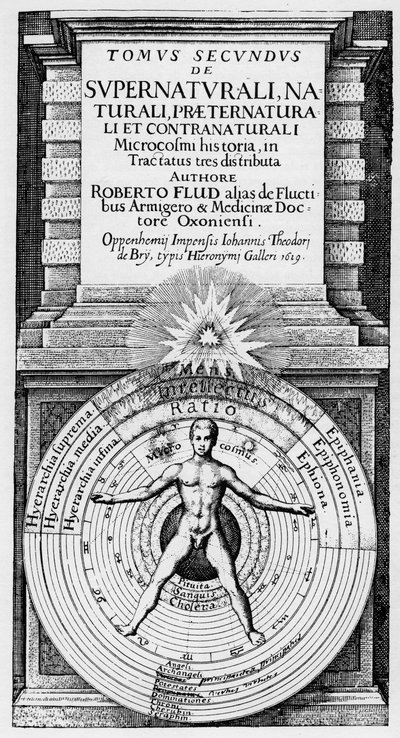 Mikrokosmos og makrokosmos - Allegorisk repræsentation af menneskets position i universet (mennesket af vitruva): menneskets (mikrokosmos) forhold til makrokosmos symboliserer ved sfærerne af Solen, Månen og planeterne, forskellige temperamenter og t. af Unknown artist