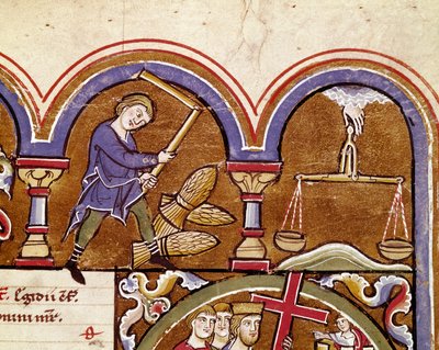 September måned, landbrugsarbejde, høst, tærskning af hvede med en blomst Detalje af en manuskriptside hentet fra "" The Psalter of Saint Elizabeth"" Cividale fra det 13. århundrede, Museo Archeologico af Unknown artist