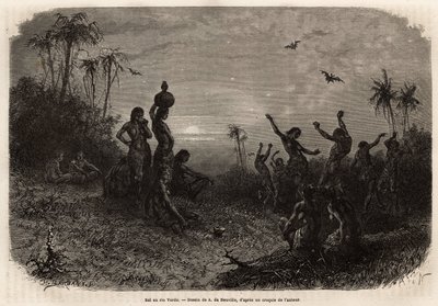 Måneskinskuglen, som afslutter 18 års jubilæumsceremonien og brylluppet af en ung indisk mand fra Rio Verde (Brasilien). Indgravering til illustration af rejsen til New Granada, af Dr. Saffray, i 1869, udgivet i "" Le tour du monde""" 1873, redigeret af af Unknown artist