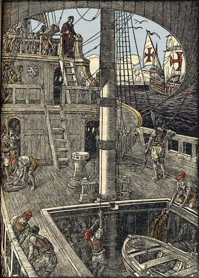Navigatøren Christopher Columbus (1451-1506) ombord på sin karavel. af Unknown artist