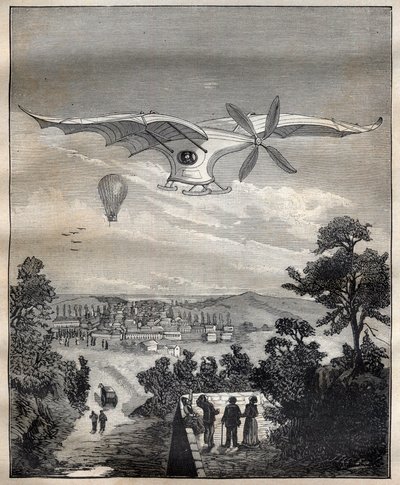 De nye aerostater: fuglen fra Clement Ader (1841-1925), Eole, under et eksperiment i parken Eugene Pereire nær Paris i 1891, ville den have fløjet 15 m over jorden - Indgravering i "La Science francaise" af Unknown artist