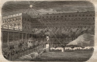 Middagspistolen (solkanonen) ved Palais Royal (Palais-Royal) i Paris. Indgravering fra 1857 i "" Le Musee Des Sciences"" af Unknown artist