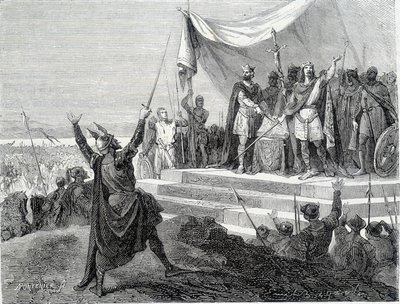 De to brødres ed før deres rustning: Karl II den Skaldede og Ludvig II germaneren aflægger ed mod Lothaire I (Strasbourgs ed 842). Indgravering af det 19. århundrede. af Unknown artist