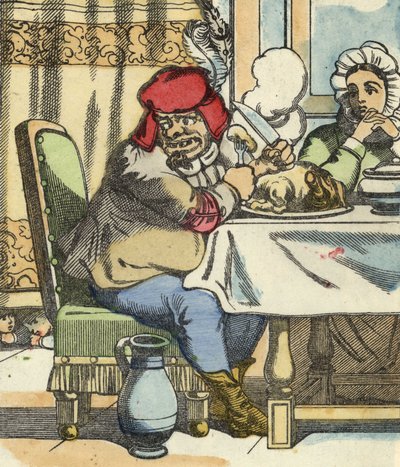 Trolden ved bordet føler tilstedeværelsen af lille Poucet og hans brødre. Illustration af fortællingen "" Le Pepetit Poucet"" af Charles Perrault af Unknown artist