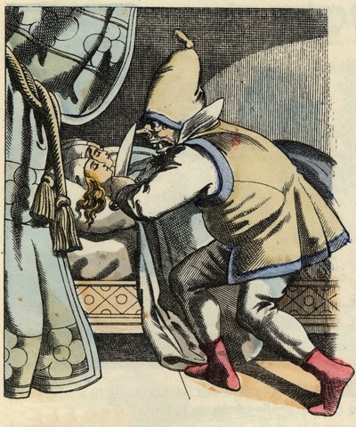 Trolden skærer hovedet af sine syv døtre og tænker på at dræbe den lille Poulet og hans brødre. Illustration af fortællingen "" Le Petite Poucet"" af Charles Perrault af Unknown artist