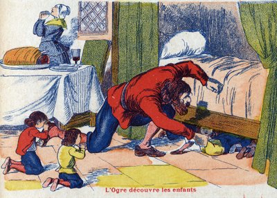 Trolden opdager børnene. Illustration til "" Le Pepetit poucet"", fortælling af Charles Perrault (1628-1703), fransk forfatter. Anonym illustration. Billedmateriale Marcel Vagne, Jarville Nancy, udateret (slutningen af det 19. århundrede). af Unknown artist
