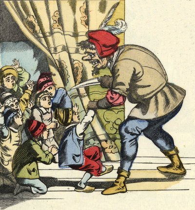 Trolden tager et barn med den hensigt at fortære hende. Illustration af fortællingen "" Le Pepetit Poucet"" af Charles Perrault af Unknown artist