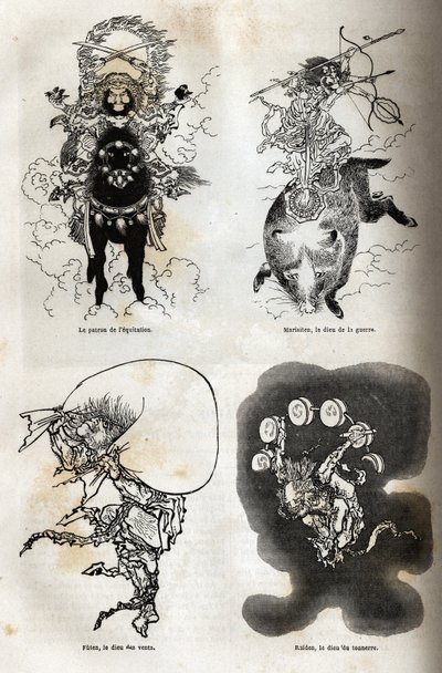 Pantheonet af japanske guddommelige: traditionel repræsentation af nogle typiske figurer: ridningens protektor; Marisiten, krigsguden; Futen, vindens gud; Raiden, tordenguden. Gravering til illustration af rejsen til Japan i 1863-1864, af af Unknown artist