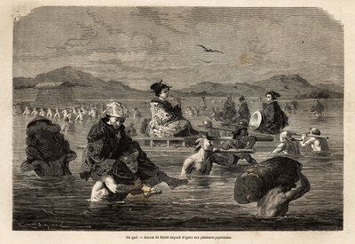 Passage af en gæst, med præsentation af måder at transportere passagerer og bagage på. Indgravering til illustration af rejsen til Japan i 1863-1864 af Aime Humbert, minister for Det Schweiziske Forbund, i "" Le tour du monde, nouveau journal des voyages" af Unknown artist