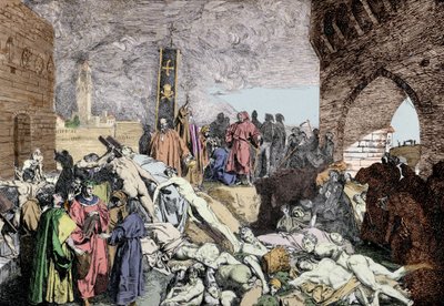 Pesten i 1348 i Firenze (Italien). Nederst til venstre, med en krans af Laurier, taler Petrarch, italiensk digter og humanist fra renæssancen, med andre mennesker. af Unknown artist