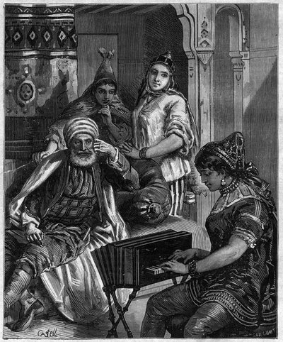 Befolkningen i Tunesien i det 19. århundrede - lørdag aften i en jødisk familie i Tunis - indgravering af Castelli i "" journal des voyages""" 1884 af Unknown artist