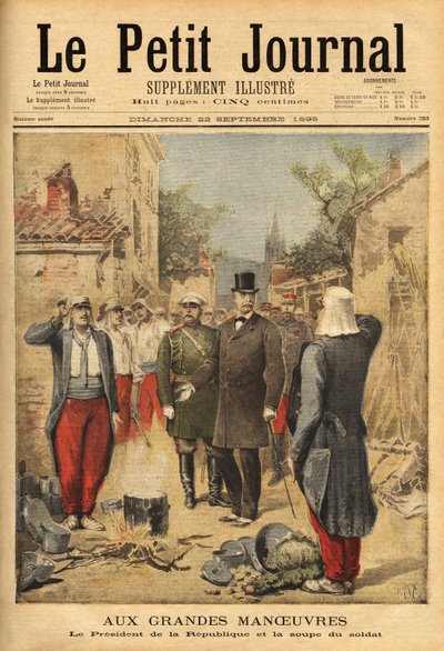 Republikkens præsident, Felix Faure (1841-1899), besøger tropperne i Langres under de store manøvrer og tradition for alle besøgende, han smager på soldatens suppe. Indgravering i "" Le petit journal"" 22/09/1895. Selvas samling. af Unknown artist