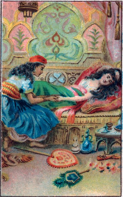 Prinsesse fakta. Fortælling "" Historien om den fortryllede hest"" i "De tusind og en nat" (de 1001 nætter eller Le mille e una notte, Arabian Nights). Kromolitografi i slutningen af ​​det 19. århundrede. af Unknown artist