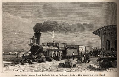 Jernbanen har Omaha Station (Nebraska), startpunktet for linjerne, der fører til Stillehavet. Engravure pour illustration le voyage au far west americain, af M. L. Simonin, i 1867, udgivet i "Le tour du monde, nouveau journal des voyages"", redigeret af Unknown artist
