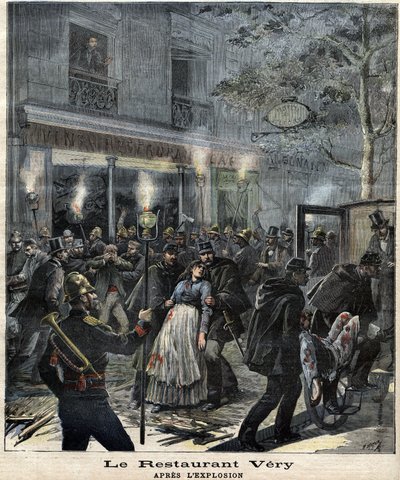 Restauranten Very (24 Boulevard Magenta i Paris) efter eksplosionen forårsaget af anarkisten Francois Koenigstein dit Ravachols (1859 - 1892) angreb den 30. marts 1892. I "" The Petity Journal" af Unknown artist