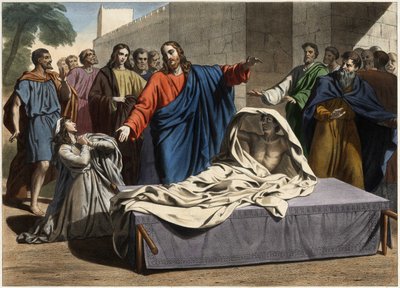 Opstandelsen af enkens søn fra Naim: Jesus Kristus genopstår enkens eneste søn. Stik fra midten af 1800-tallet. af Unknown artist
