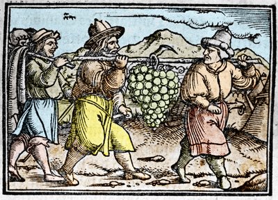 Joshuas og Kalebs tilbagevenden med en enorm klase druer fra Kanaans land (det forjættede land). Kronik af Johann Stumpff "" Den edlen strucen besten fromen"" af Unknown artist