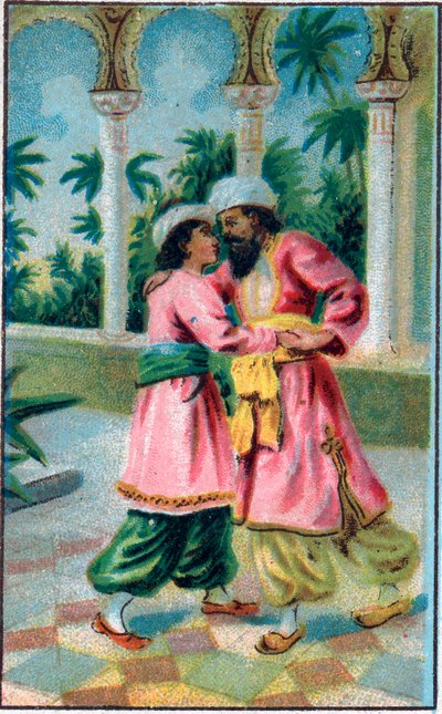 Prinsens tilbagevenden. Fortælling "" Historien om den fortryllede hest""" i "" De tusind og en nat""" (de 1001 nætter eller Le mille e una notte, Arabian Nights). Kromolitografi i slutningen af ​​det 19. århundrede. af Unknown artist