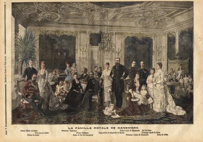 Kongefamilien i Danmark, der sidder i centrum, Dronning Louise af Hessen-Kassel (1817-1898) og Kong Christian IX af Danmark (1818-1906) fik tilnavnet "Europas smukke fader", fordi han giftede flere af sine børn med arvinger af den store kongelige f af Unknown artist