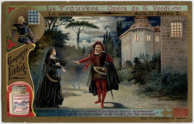Offerhandling IV scene 2. Illustration til operaen "" Fundet"" (Il trovatore) af Giuseppe Verdi (1813-1901). Kromolitografi (Chromo) Liebig fra slutningen af 1800-tallet. af Unknown artist