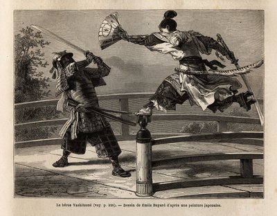 Samuraien Yashitsune i balance på barrieren af en bro, angriber en samurai i rustning. Indgravering til illustration af rejsen til Japan i 1863-1864 af Aime Humbert, minister for Det Schweiziske Forbund, i "" Le tour du monde, nouveau journal des voyages" af Unknown artist