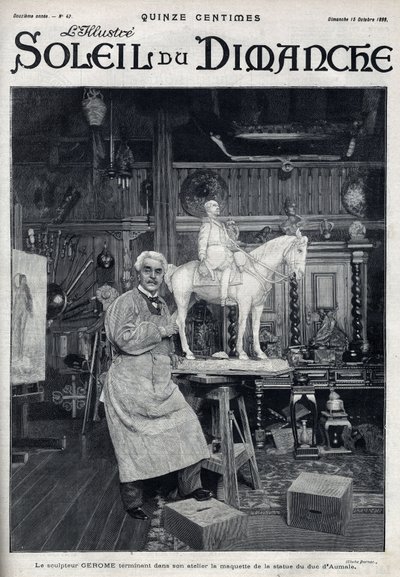 Billedhuggeren Jean Leon (Jean-Leon) Gerome (1824-1904) færdiggør i sit atelier modellen af statuen af hertugen af Aumale - Indgravering i "" Le sun-du-dimanche"", 15. oktober af Unknown artist