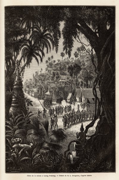 Sæsonens fejringer i Luang Prabang, den kongelige hovedstad i Lan Xang (de millioner elefanters rige) (det nuværende Laos), bestående af en procession af indbyggerne og en pagode for tilbedelse i hele byen. Gravering for at illustrere en opdagelsesrejse af Unknown artist