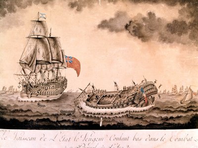 "Hævnerens" skibsvrag sank ud for Brest af den engelske flåde den 1/06/1794. Gravering slutningen af 1700-tallet, begyndelsen af 1800-tallet. af Unknown artist