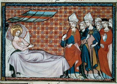 Den syge konge af Frankrig Saint Louis (Louis IX) (1214-1270) henvender sig til sine slægtninge og præsteskabet. Miniature fra et manuskript "Life and Miracles of Saint Louis" af William af Saint Pathus af Unknown artist