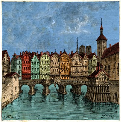 Den lille bro, der senere var Pont au Change i Paris i middelalderen, gravering 1800-tallet af Unknown artist