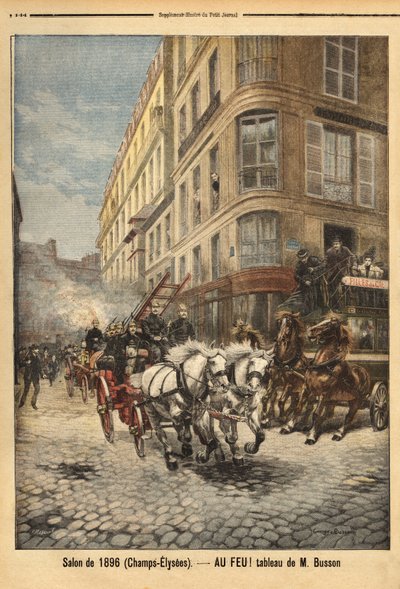 Damppumpen og køretøjerne fra brandmændene i Paris, ifølge et maleri af Mr. Busson. Indgravering i "" Le petit journal"" 3/05/1896. Selvas samling. af Unknown artist