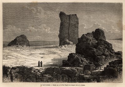 De butiksfacade ruiner af Birs Nimroud, som turistsamfundet i Bagdad (Irak) på det tidspunkt identificerer som Babels mytiske tårn. Engravure pour illustrrer le voyage dans la Babylon, en 1866, af Guillaume Lejean, i "Le tour du monde, nouveau j af Unknown artist
