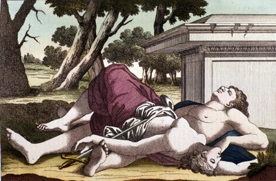 Pyramus (Pirames) selvmord under mureren og Thisbes død. Overbevist om, at løvinden havde fortæret Thisbe, gav Pyramus sig selv døden og dækkede de hvide skikke med sit blod. Thisbe, der gemmer sig for at undslippe løven, finder sin kærlighed død og selvmo af Unknown artist