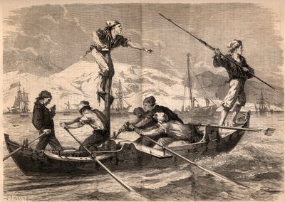 Sværdfisken harpunfiskeri (pesce spada, sværdfisk) på Siciliens kyst i Italien i 1862. Indgravering i "Le Monde illustrious"" fra 1862. Privat samling. af Unknown artist