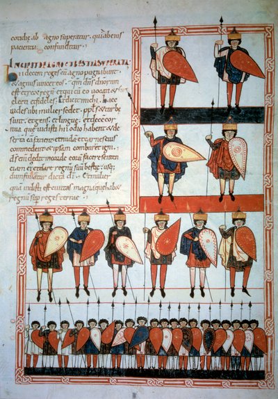 De ti konger af apokalypsen våben af spyd og skjolde med deres tropper. Miniature i "" Beatus de Liebana, Commentary on the Apocalypse"" (Folio 193), af Stephanus Garcia af Unknown artist