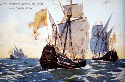 De tre Caravels af Columbus forlader Palos den 3/08/1492. af Unknown artist