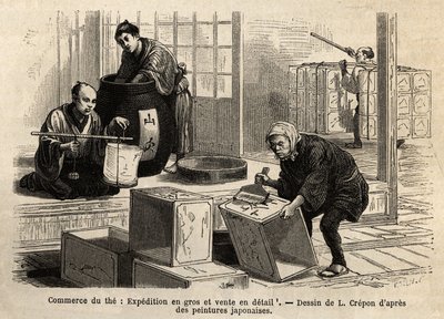 Handelen med teen: engros- og detailforsendelse. Gravering til illustration af rejsen til Japan af Aime Humbert, minister for Det Schweiziske Forbund, i 1863-1864, udgivet i "" Le tour du monde""" 1869, redigeret af Edouard Charton, udgave Hachette, Par af Unknown artist