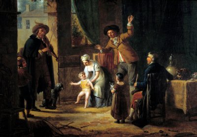 Den rejsende musiker En violinist spiller musik ved døren til et familiehus. Anonymt maleri. 1819 Paris, Dekorativ Kunst af Unknown artist