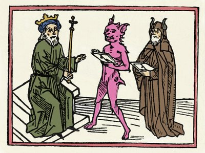 Retssagen mod Belial: "Demon Belial præsenterer sine akkreditiver til dommer Solomon" "Gravering fra "Retssagen mod Belial"" af Jacobus de Teramo (eller Palladino), Ausburg af Unknown artist