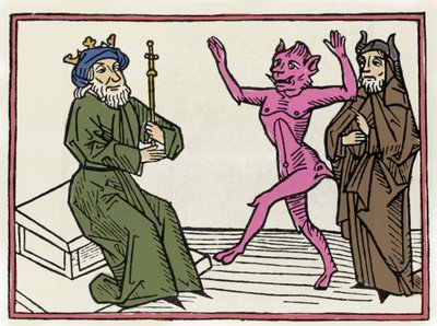 Retssagen mod Belial: "" Dæmonen Belial danser foran dommer Solomon""" Indgravering fra "Retssagen mod Belial"" af Jacobus de Teramo (eller Palladino), Ausburg af Unknown artist