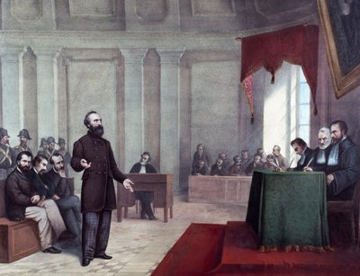 Retssagen mod Felice Orsini (1819 - 1858), der begik angrebet på Napoleon III den 14. januar 1858. Litografi fra slutningen af 1800-tallet. Milanos privatsamling ©Luisa Ricciarini/Leemage af Unknown artist